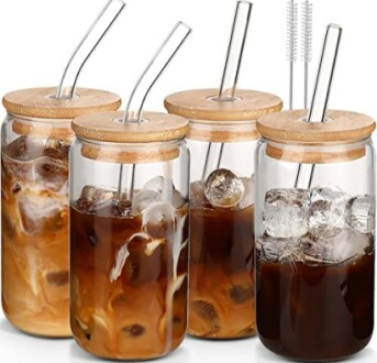 Glass Cups with Lids and Straws